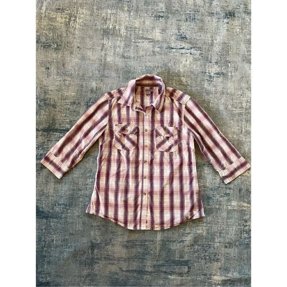 Carhartt Huron Cream Berry Red Pink Plaid Button Down 3/4 Sleeve Shirt Medium